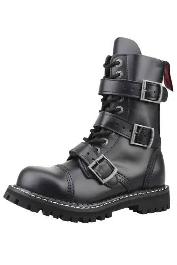 Angry Itch 10-Loch 3-Buckle Leder Stiefel Schwarz