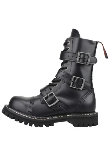 Angry Itch 10-Loch 3-Buckle Leder Stiefel Schwarz