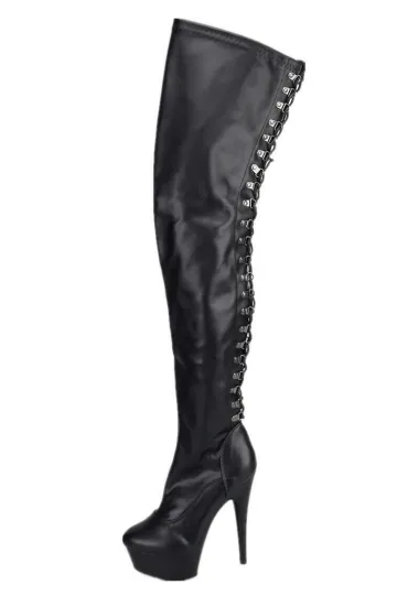 Erogance Plateau Overkneestiefel D3063 Stretch PU Schwarz