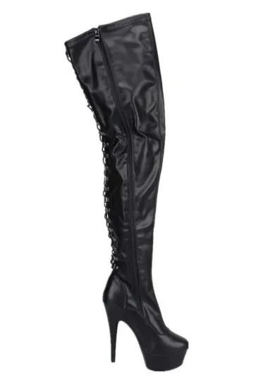Erogance Plateau Overkneestiefel D3063 Stretch PU Schwarz