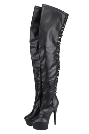 Erogance Plateau Overkneestiefel D3063 Stretch PU Schwarz