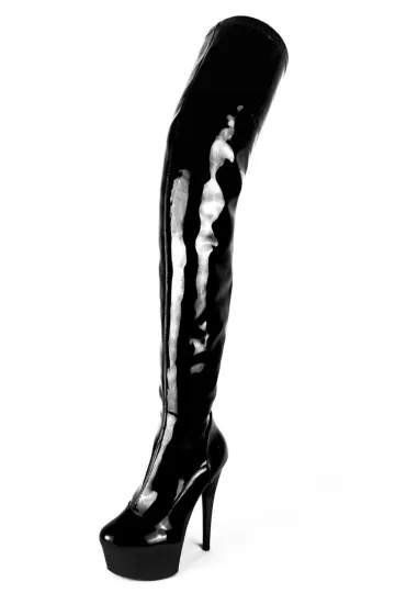Erogance Plateau Overkneestiefel D3063 Stretchlack PU Schwarz