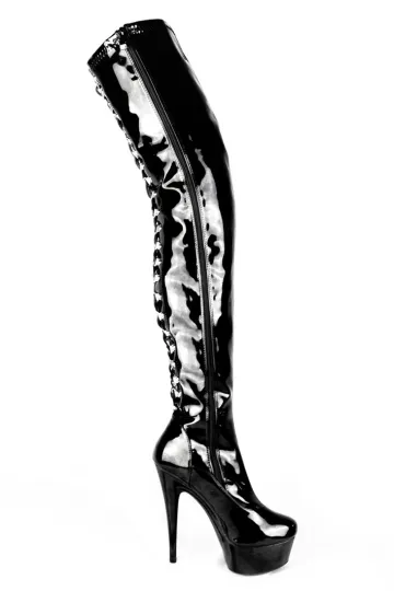 Erogance Plateau Overkneestiefel D3063 Stretchlack PU Schwarz