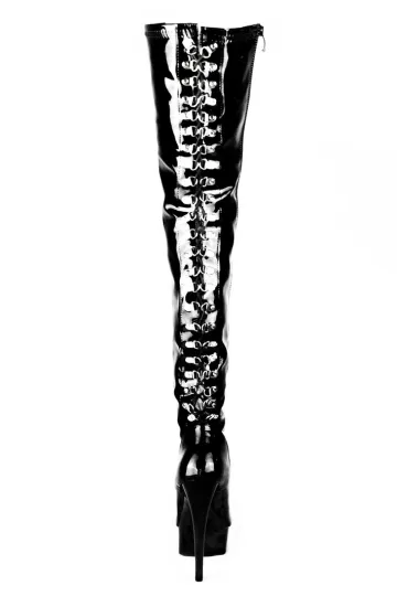 Erogance Plateau Overkneestiefel D3063 Stretchlack PU Schwarz