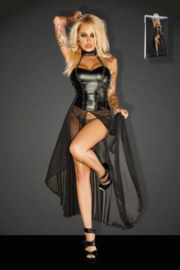 F139 Powerwetlook Langes Kleid mit Ösen GUN schwarz