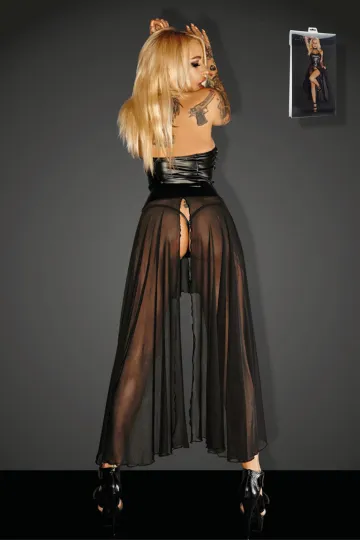 F139 Powerwetlook Langes Kleid mit Ösen GUN schwarz