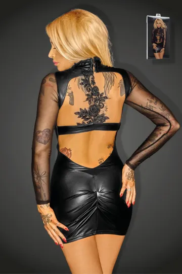 F142 Powerwetlook mit Tüll Minikleid mit Applikationen VIP schwarz