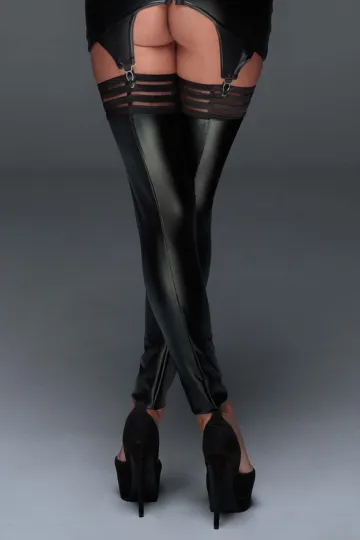 F158 Powerwetlook Stockings mit elastischen Bändern schwarz