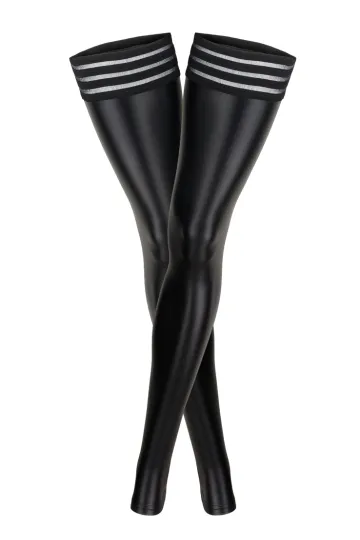F158 Powerwetlook Stockings mit elastischen Bändern schwarz