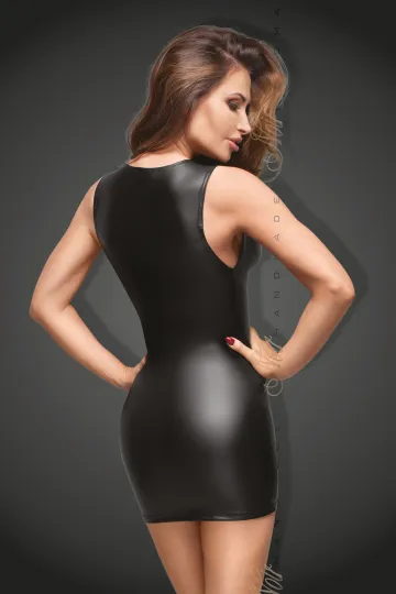 F168 Powerwetlook Minikleid mit Spitzen-Ausschnitt schwarz
