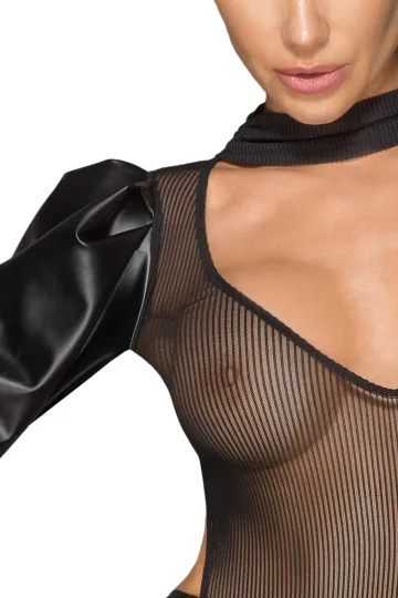 F201 Powerwetlook- und Tüllkleid mit bauschigen Retro-Glamour-Ärmeln schwarz