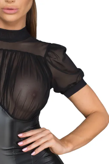 F204 Minikleid mit Tüll-Oberteil, bauschigen Ärmeln und Korsettelement schwarz