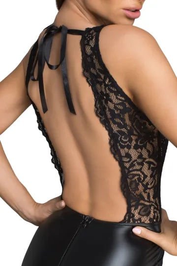 F214 Powerwetlook und Lace Minikleid mit tiefem Ausschnitt am Rücken schwarz