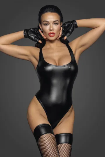 F244 Powerwetlook-Body mit hoch geschnittenem Saum schwarz