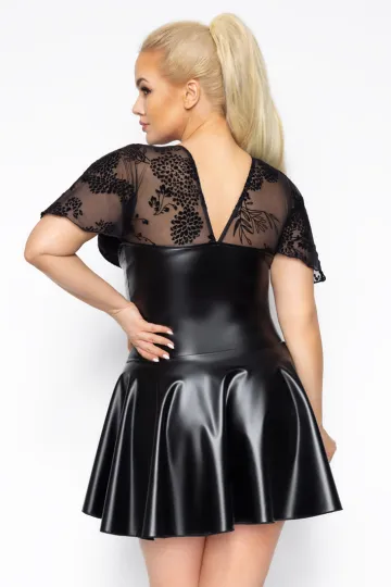 F267 Wetlook Kleid mit Powertwetlook Rock und Trompetenärmel schwarz