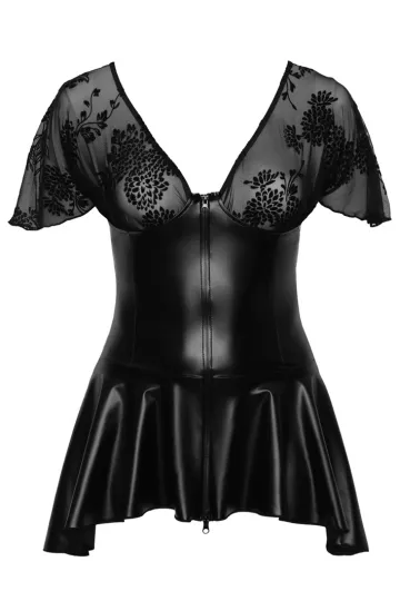 F267 Wetlook Kleid mit Powertwetlook Rock und Trompetenärmel schwarz
