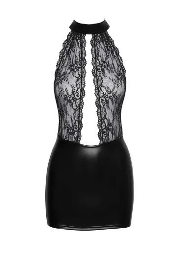 F279 Kurzes Powerwetlook Kleid mit Spitze schwarz