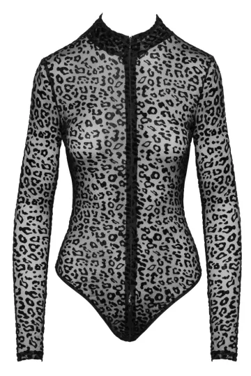 F287 Leopardenflock Bodysuit mit langen Ärmeln schwarz