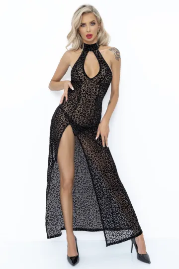 F288 Langes Flockkleid im Leoparden-Look mit Schlitz schwarz