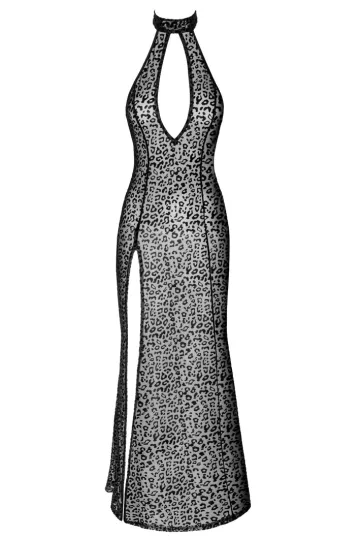 F288 Langes Flockkleid im Leoparden-Look mit Schlitz schwarz