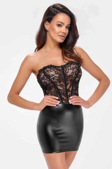 F300 Kurzes Powerwetlook Corsagen-Kleid mit Spitze schwarz
