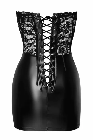 F300 Kurzes Powerwetlook Corsagen-Kleid mit Spitze schwarz