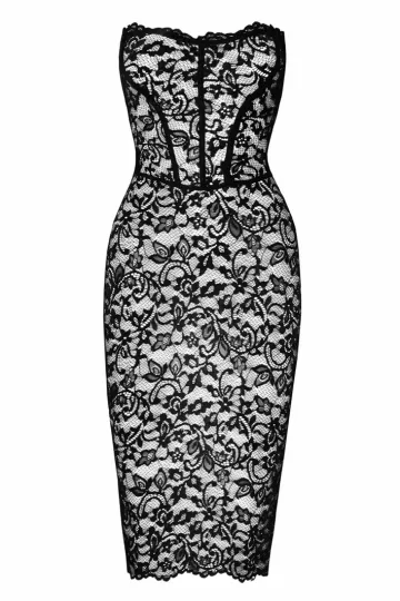 F301 halblanges Corsagen-Kleid aus Spitze schwarz