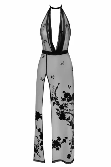 F312 langes Kleid aus Netzmaterial schwarz