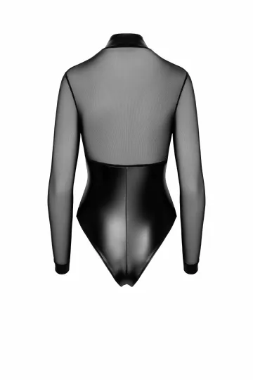 F321 Wetlook/Tüll Body mit Ringen schwarz