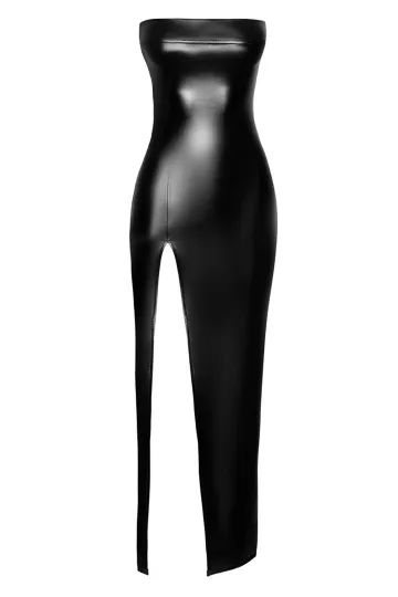F336 langes Wetlook Kleid schwarz