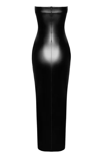 F336 langes Wetlook Kleid schwarz