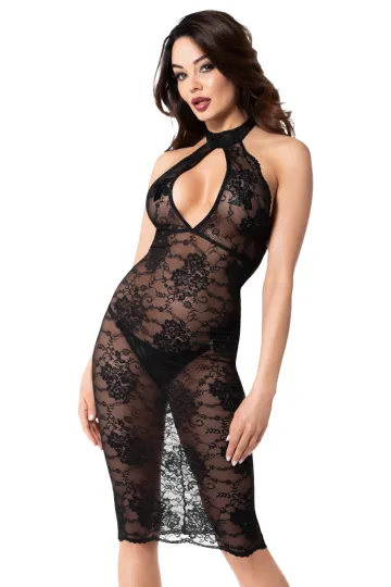 F338 halblanges Kleid aus Spitze schwarz