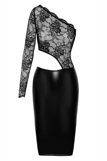 F339 halblanges Wetlook Kleid mit Spitze schwarz