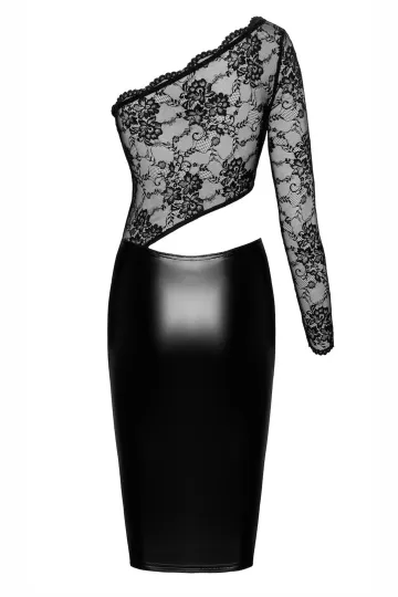 F339 halblanges Wetlook Kleid mit Spitze schwarz