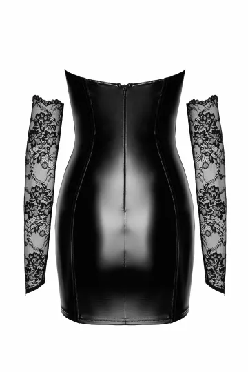 F340 Wetlook Minikleid mit Spitze schwarz