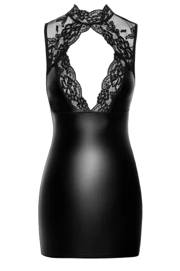F343 Wetlook Minikleid mit Spitze schwarz