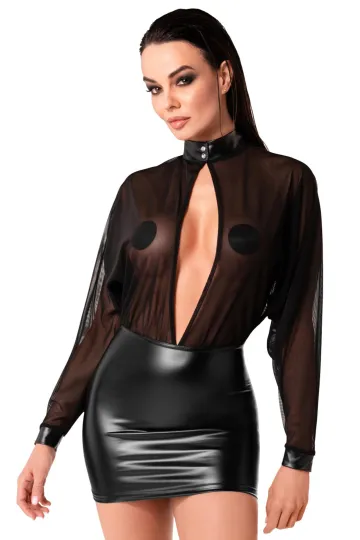 F348 Tüll-Minikleid mit Wetlook schwarz