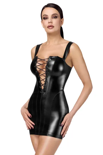 F363 Wetlook Minikleid mit Schnürung schwarz