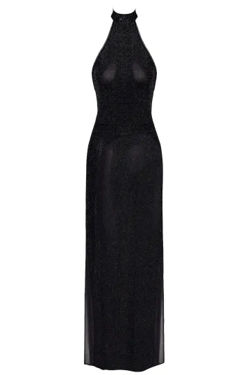 F372 Langes Kleid Onyx Twin-Slit schwarz