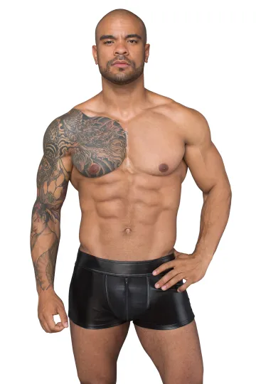 H058 Shorts aus Powerwetlook und 3D-Netz schwarz