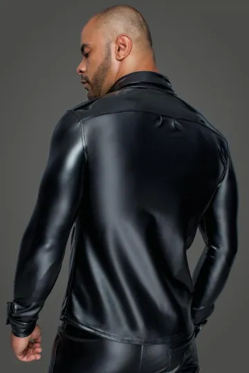 H064 Langärmliges Powerwetlook & PVC Shirt mit Knopfleiste schwarz