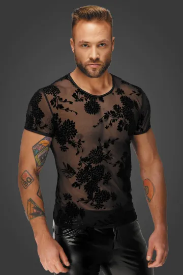 H073 T-Shirt mit Flockstickerei schwarz