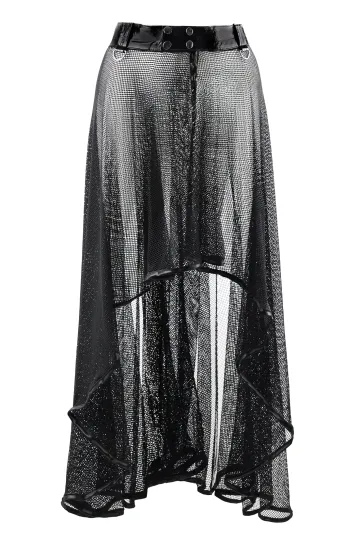 Langer Netz Rock mit Lack-Bund schwarz