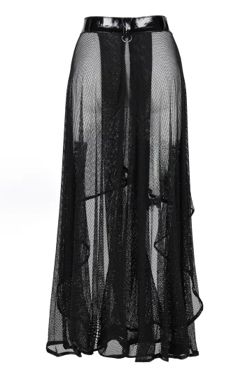 Langer Netz Rock mit Lack-Bund schwarz