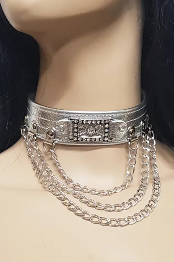 Leder Halsband 01 silber