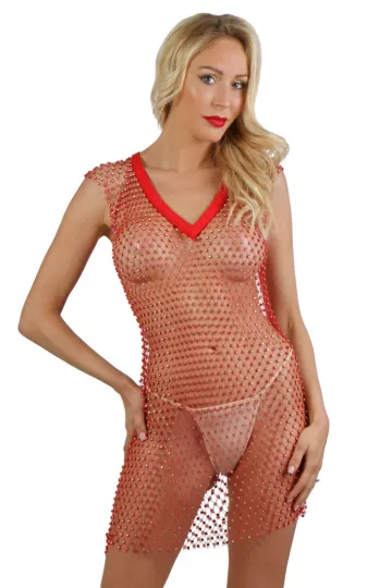 Netzkleid besetzt mit Strass rot