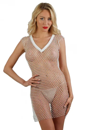Netzkleid besetzt mit Strass weiß