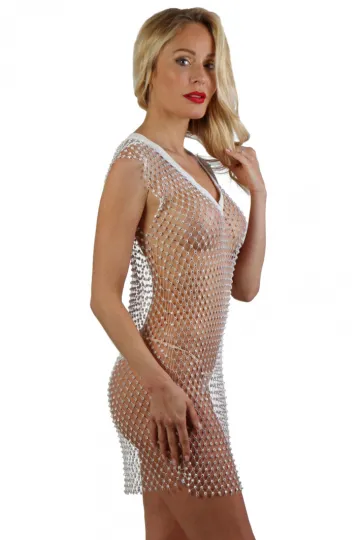 Netzkleid besetzt mit Strass weiß