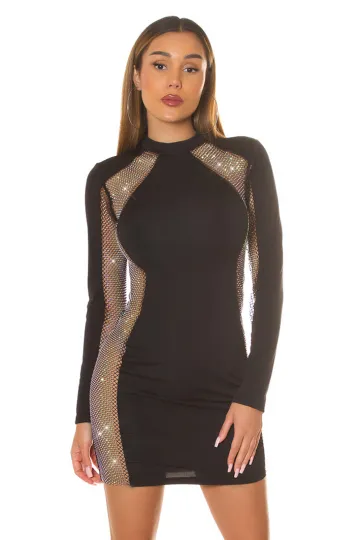 Schwarzes Langarm Minikleid mit Strass