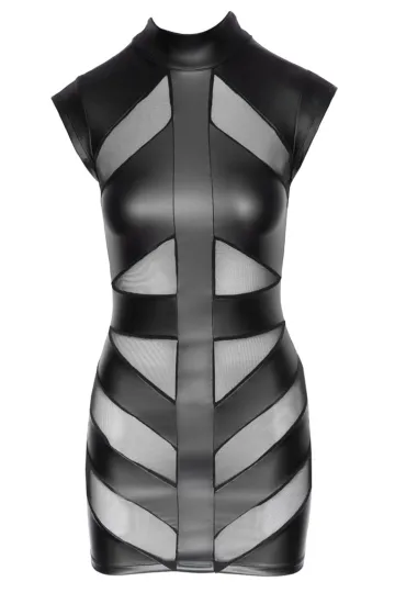Tailliertes Kleid in Mattlook und Netz schwarz